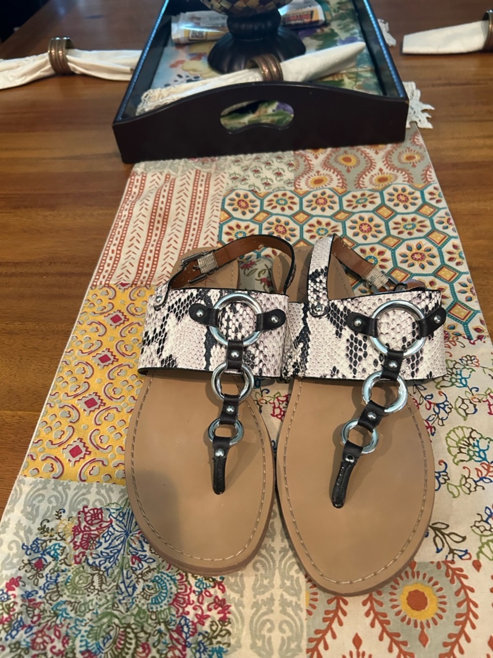 Arturo Chiang Beige and Black Snake-Print T-Strap Sandals